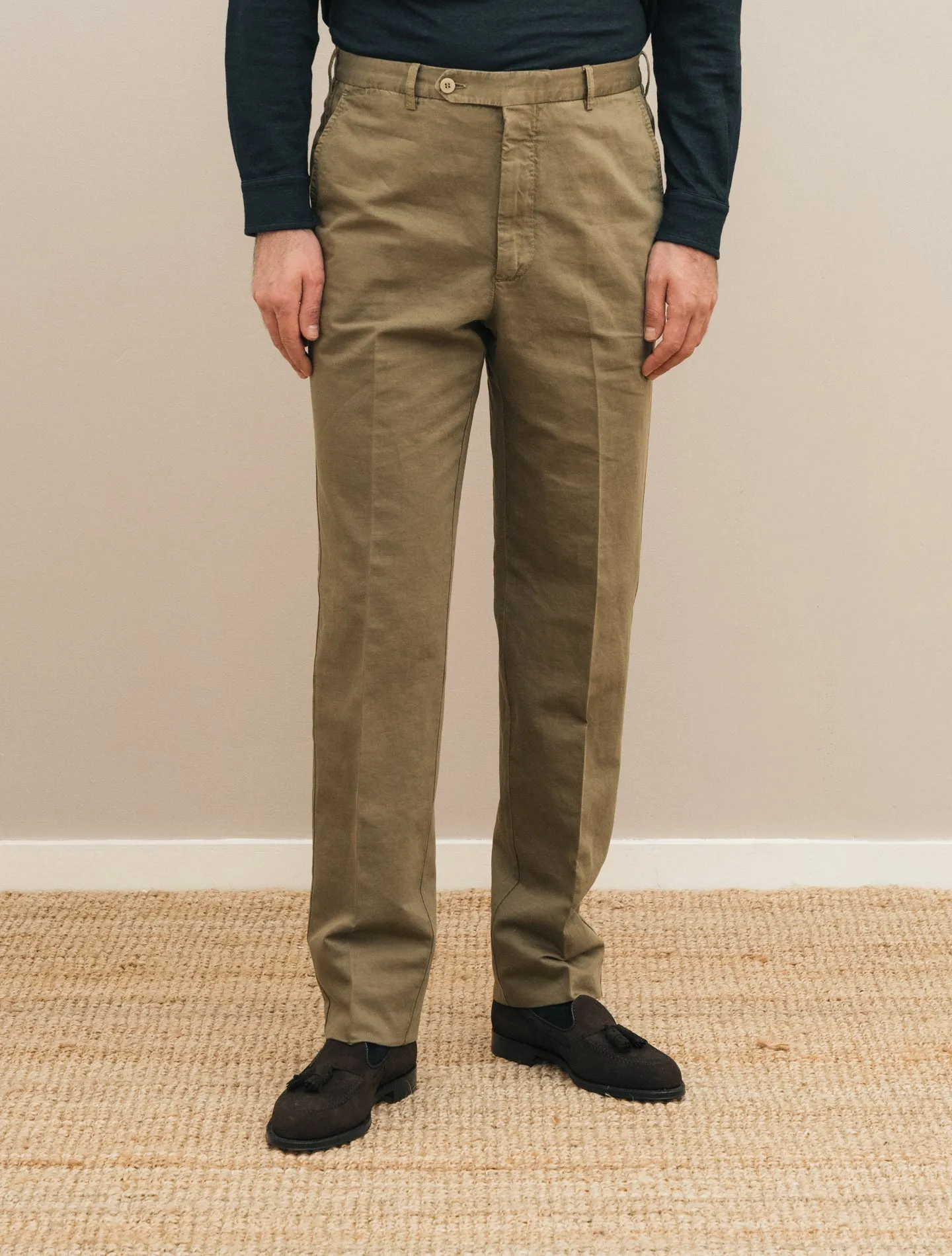 190 Flat Front Cotton Linen Trousers Green