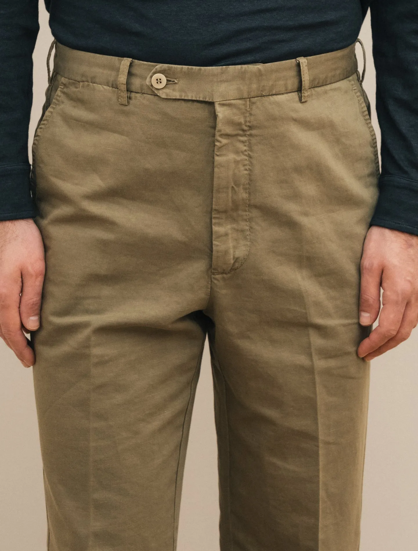 190 Flat Front Cotton Linen Trousers Green