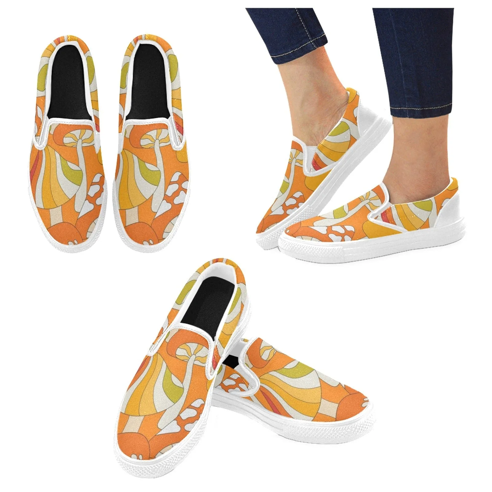70's Magic Mushroom, Orange, Green Retro Slip-on Canvas Women's Shoes