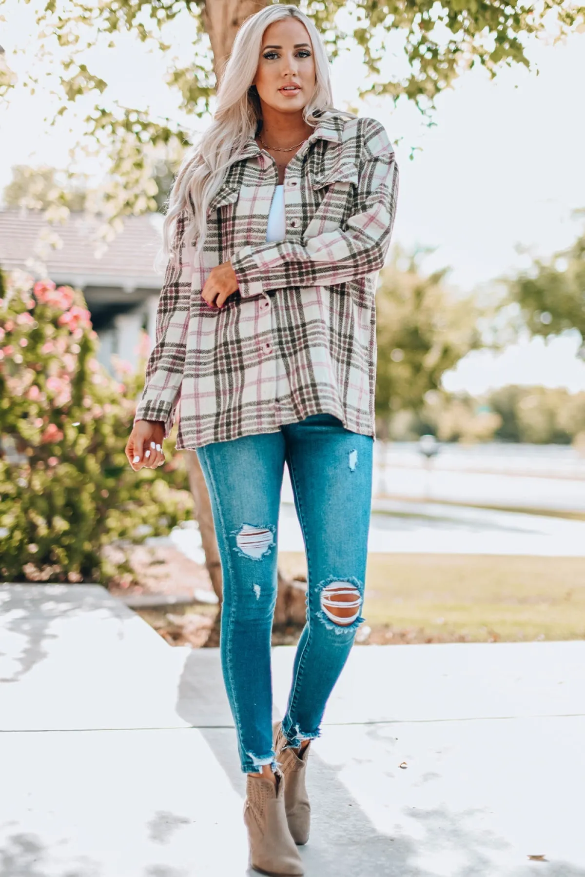 Autumn Sunsets Flannel Buttoned Plaid Shacket