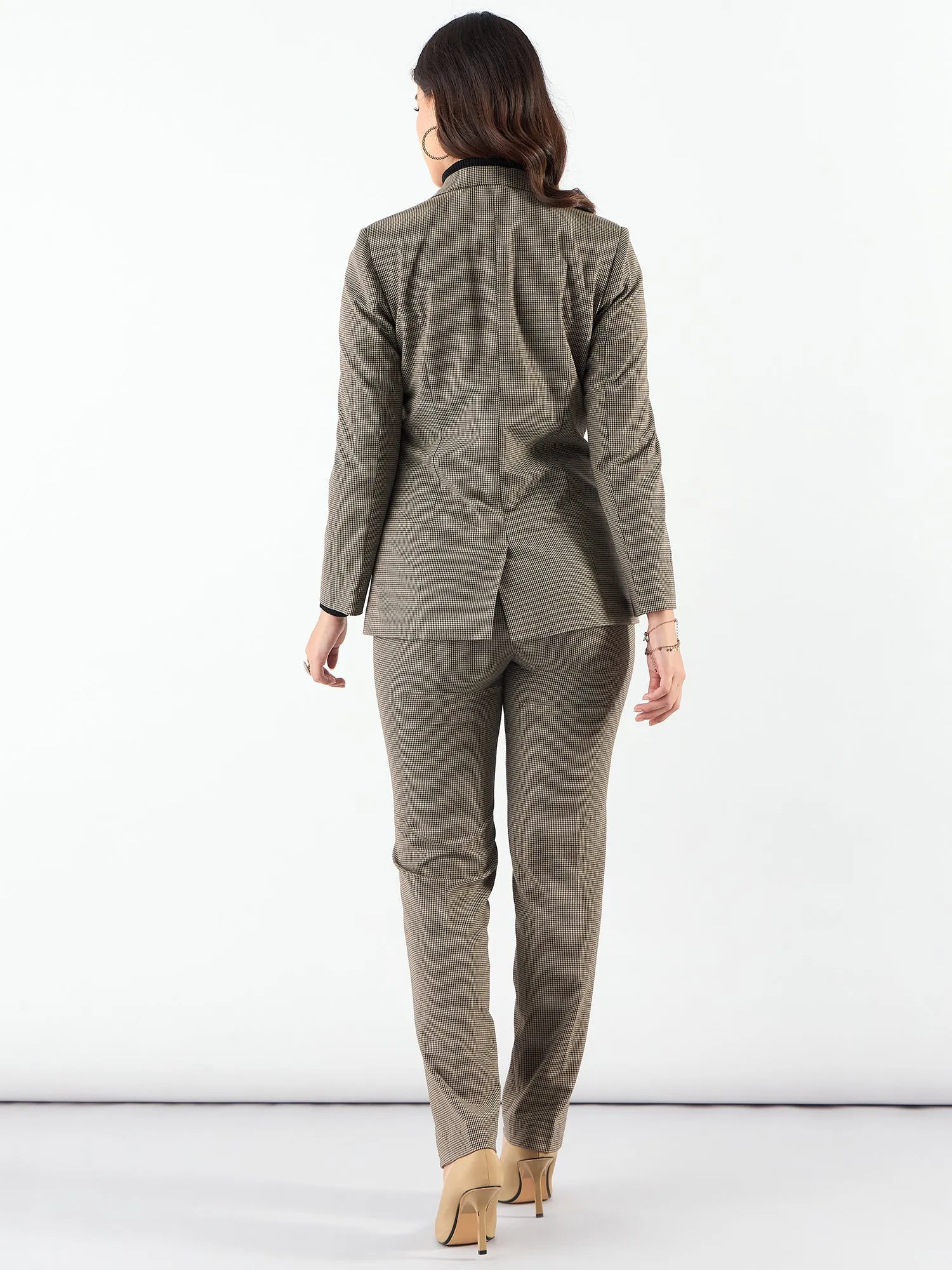 Beige Polyester Notched Lapel Refined Check Blazer & Trouser