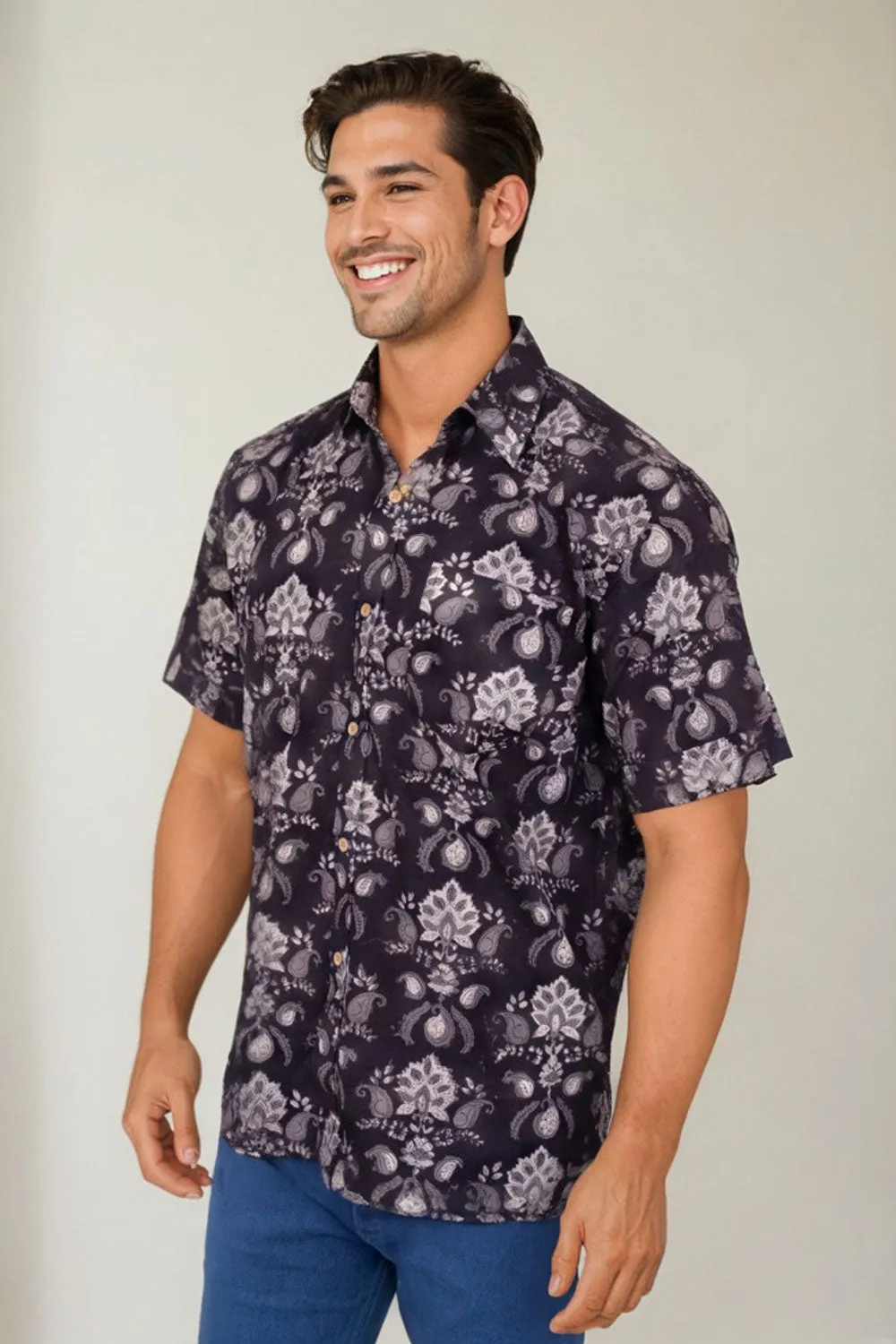 Black Half Sleeve Jahota Printed Cotton Mens Shirt 10074327