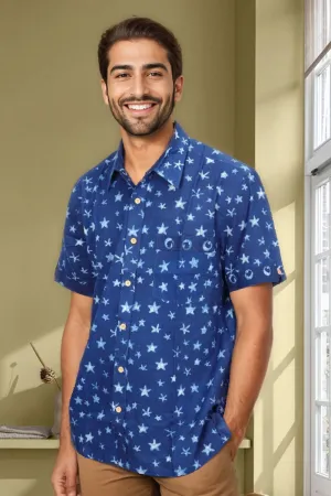 Blue Half Sleeve Indigo Hand Block Print Cotton Shirt 10074404