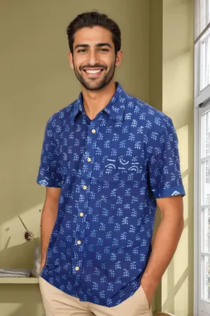 Blue Half Sleeve Indigo Hand Block Print Cotton Shirt 10074406