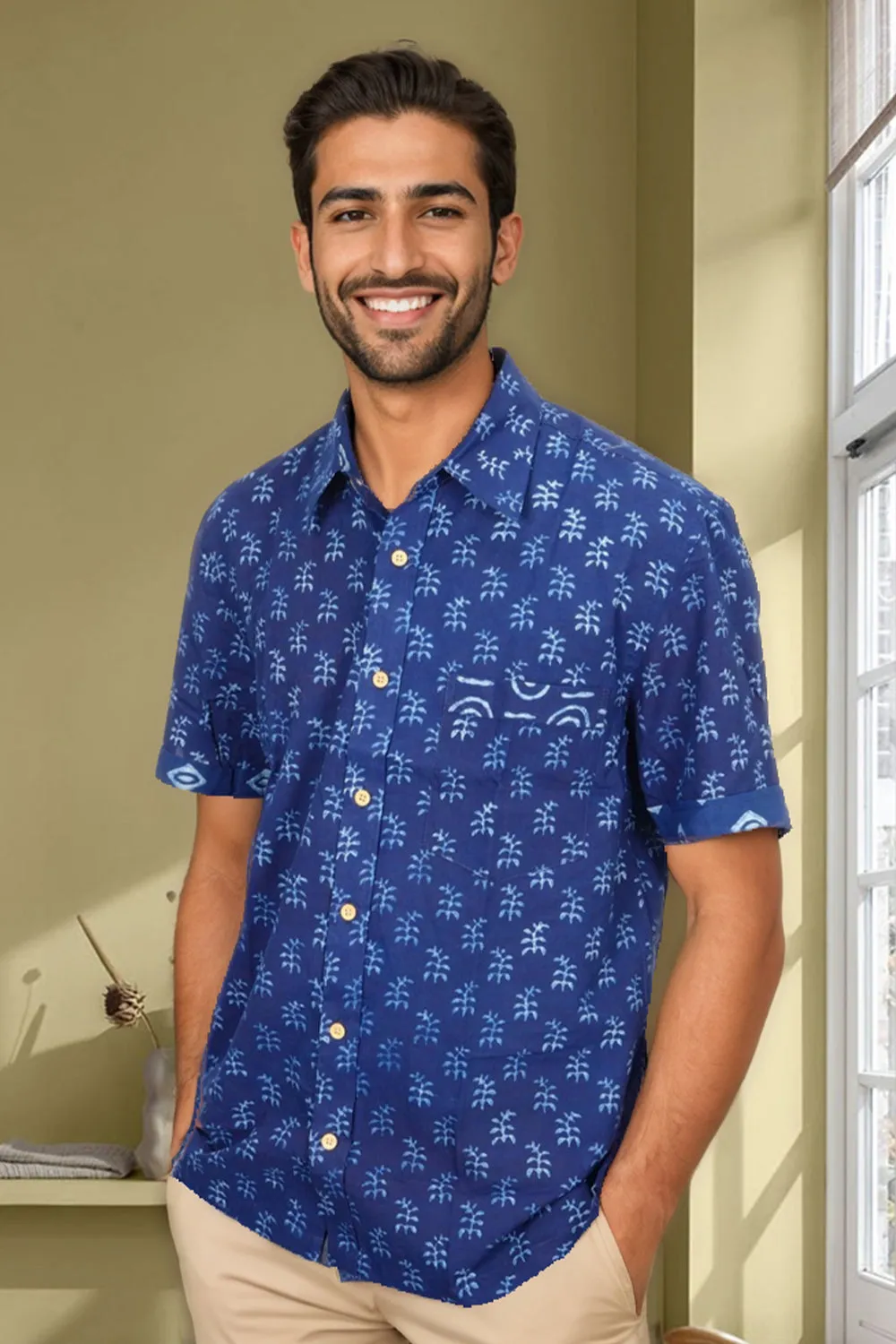 Blue Half Sleeve Indigo Hand Block Print Cotton Shirt 10074406