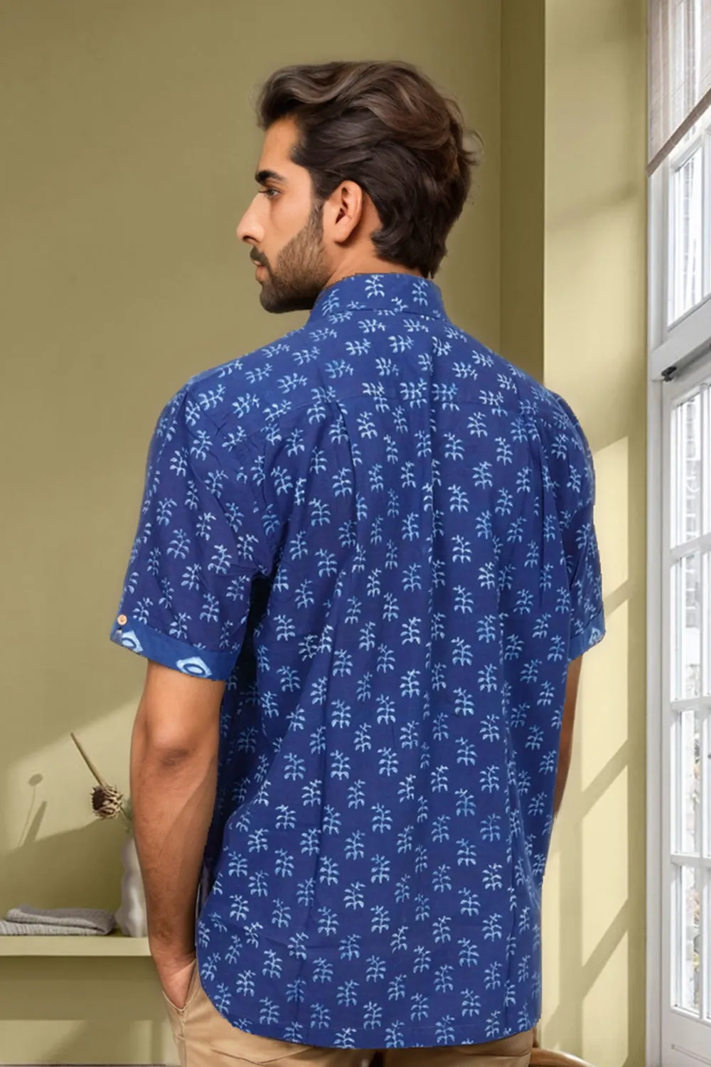 Blue Half Sleeve Indigo Hand Block Print Cotton Shirt 10074406