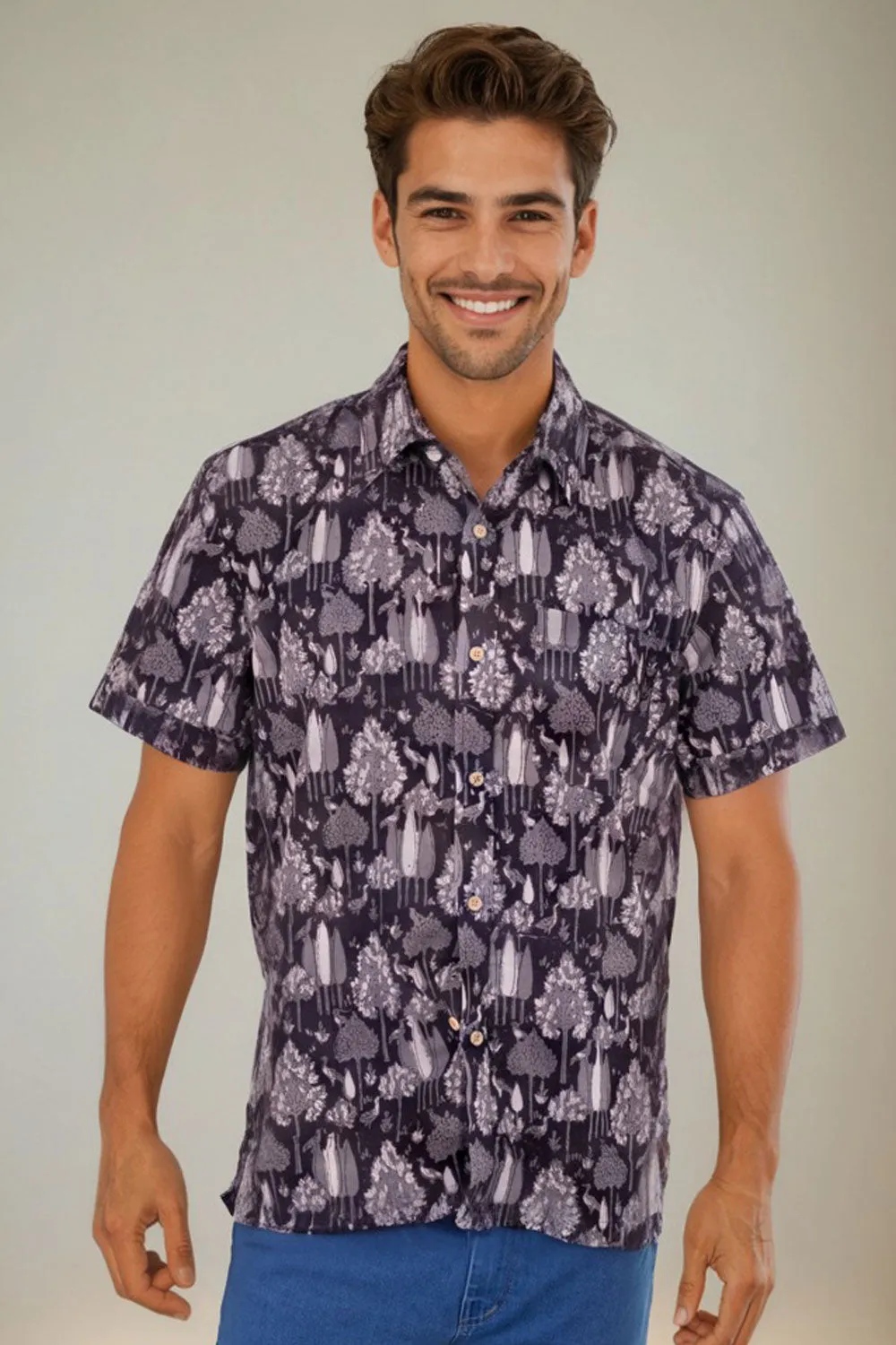 Brown Half Sleeve Jahota Printed Cotton Mens Shirt 10074412