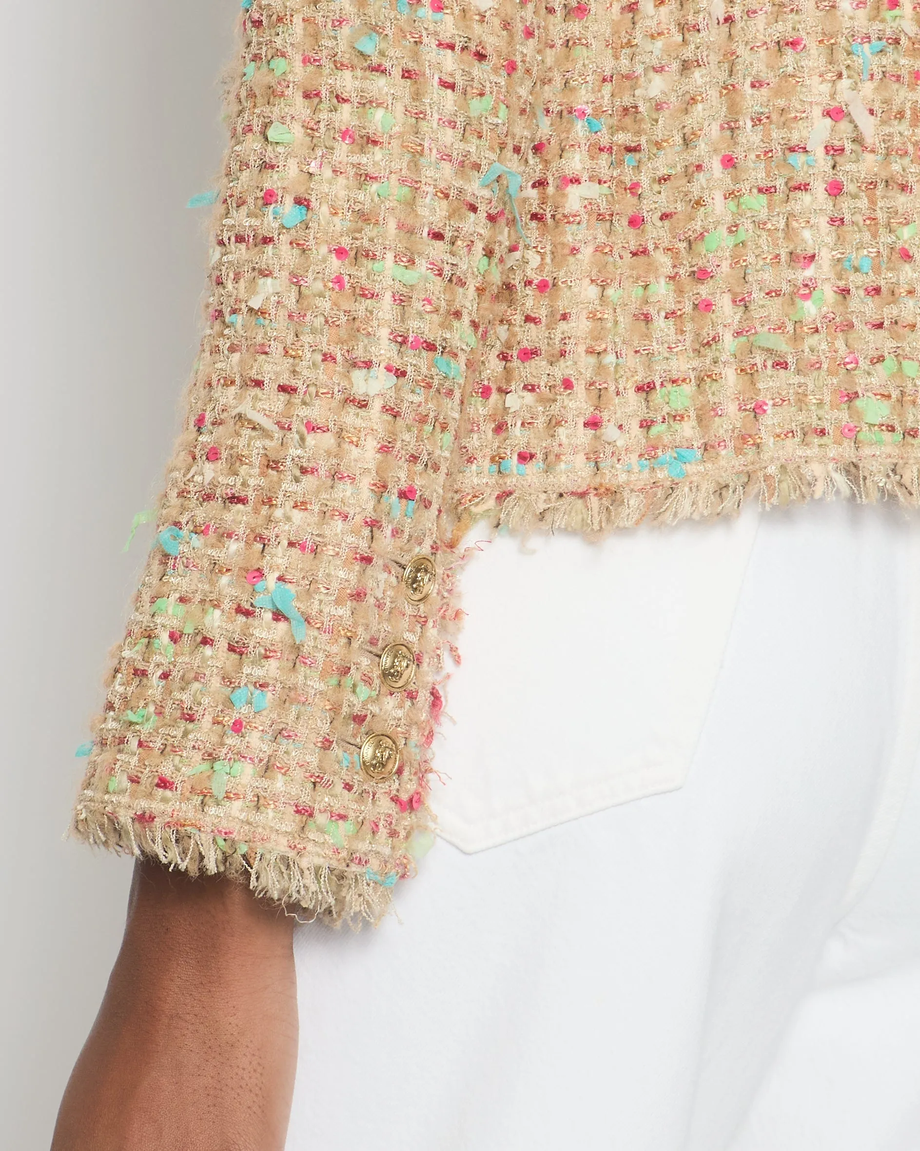 Chanel Pink, Cream Tweed Jacket With Sequin & Camelia Flower Brooch Detail Size Fr 36 (uk 8)