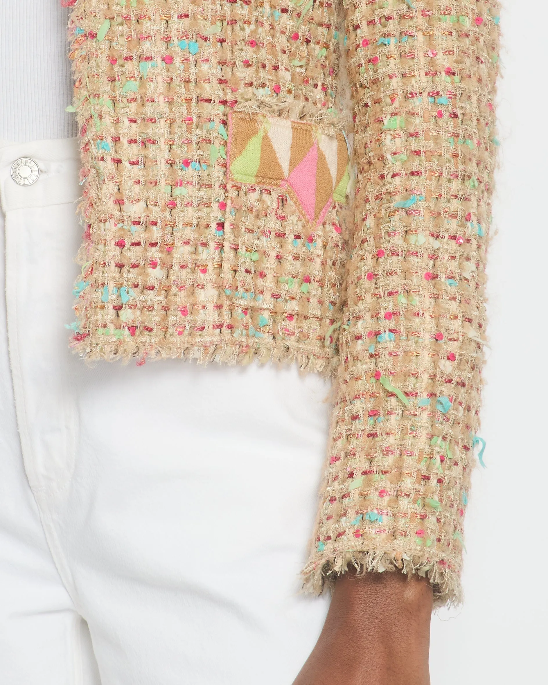 Chanel Pink, Cream Tweed Jacket With Sequin & Camelia Flower Brooch Detail Size Fr 36 (uk 8)