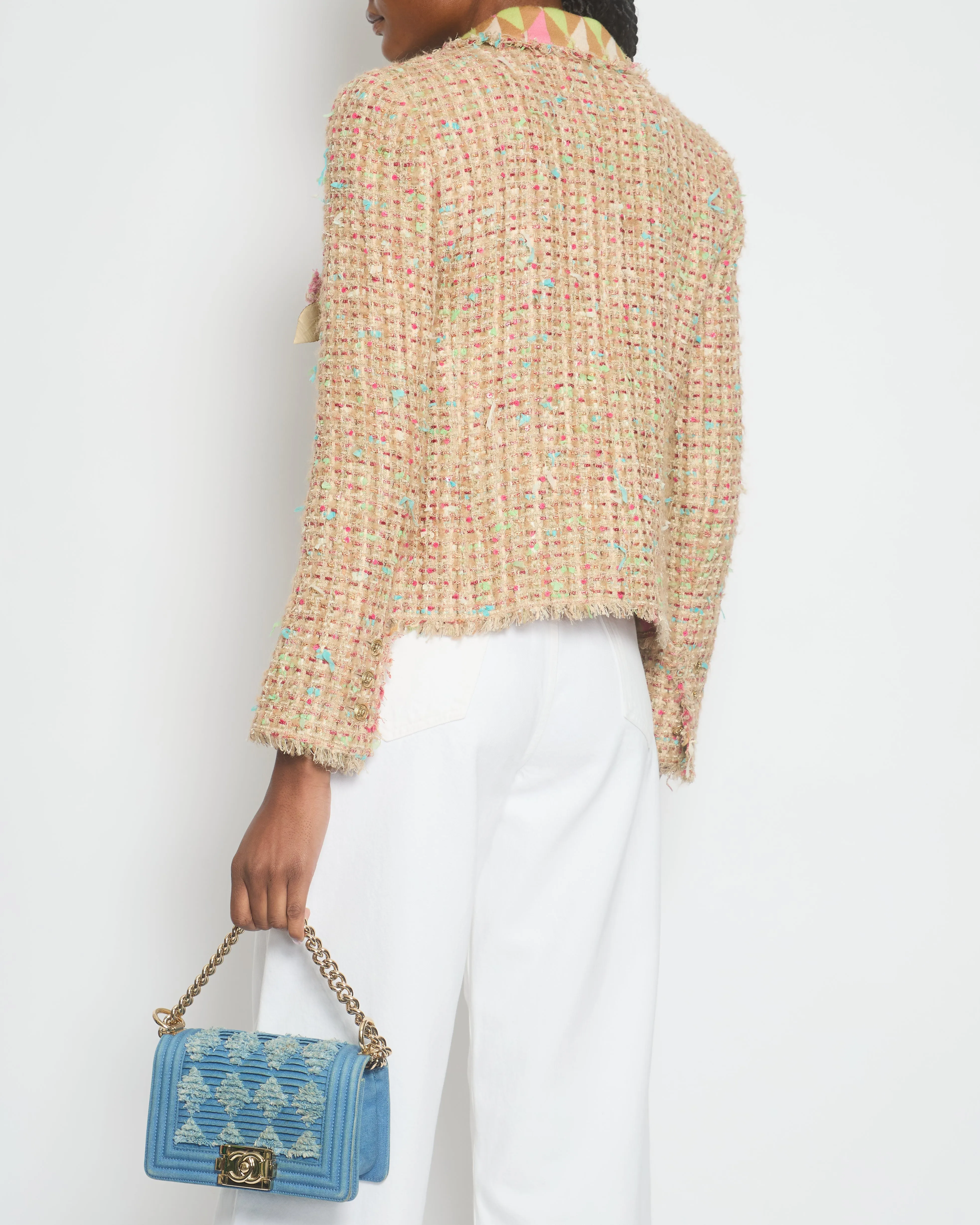Chanel Pink, Cream Tweed Jacket With Sequin & Camelia Flower Brooch Detail Size Fr 36 (uk 8)