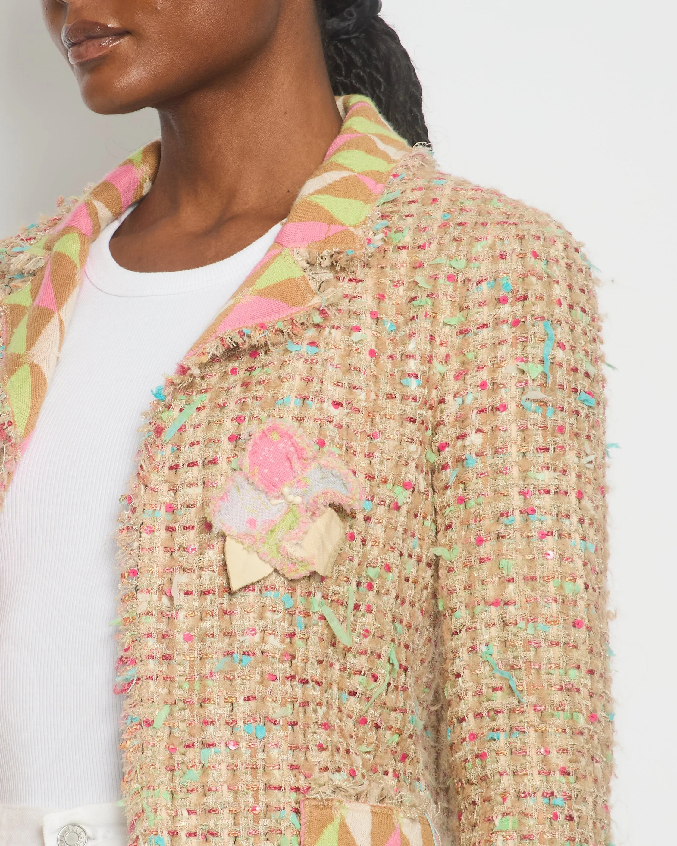 Chanel Pink, Cream Tweed Jacket With Sequin & Camelia Flower Brooch Detail Size Fr 36 (uk 8)