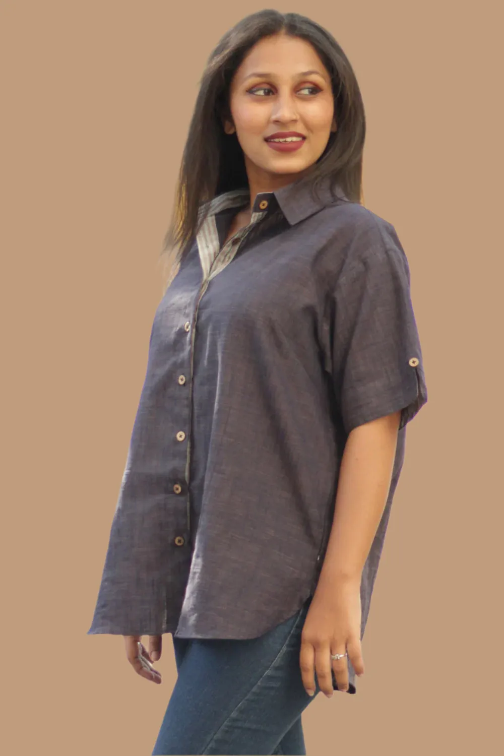 Cotton Shirt | Candy Stripes | Bluish Brown