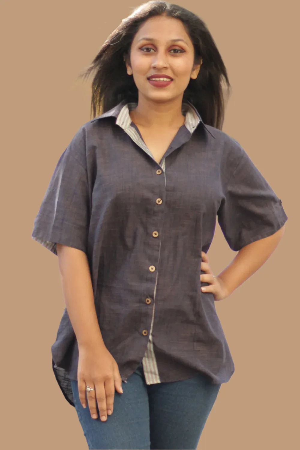Cotton Shirt | Candy Stripes | Bluish Brown