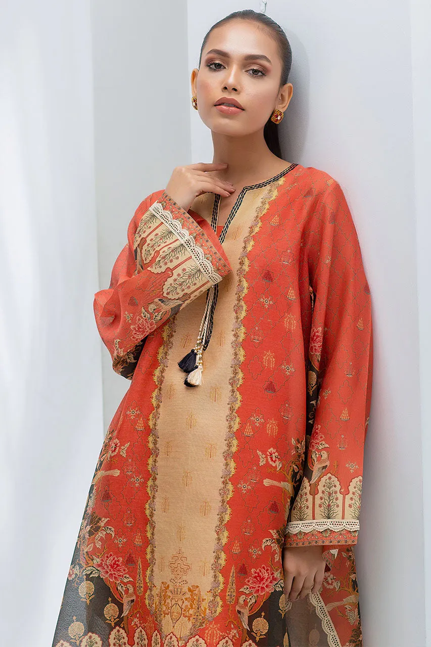 Crimson Cotton Net Digitally Printed Kurta With Printed Silk Dupatta