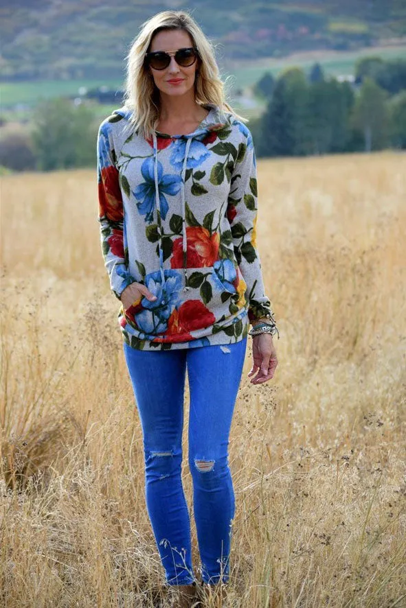 Flowers Print Pocket Drawstring Long Hoodie