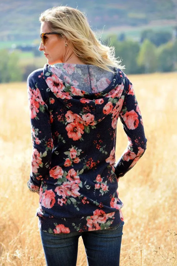 Flowers Print Pocket Drawstring Long Hoodie