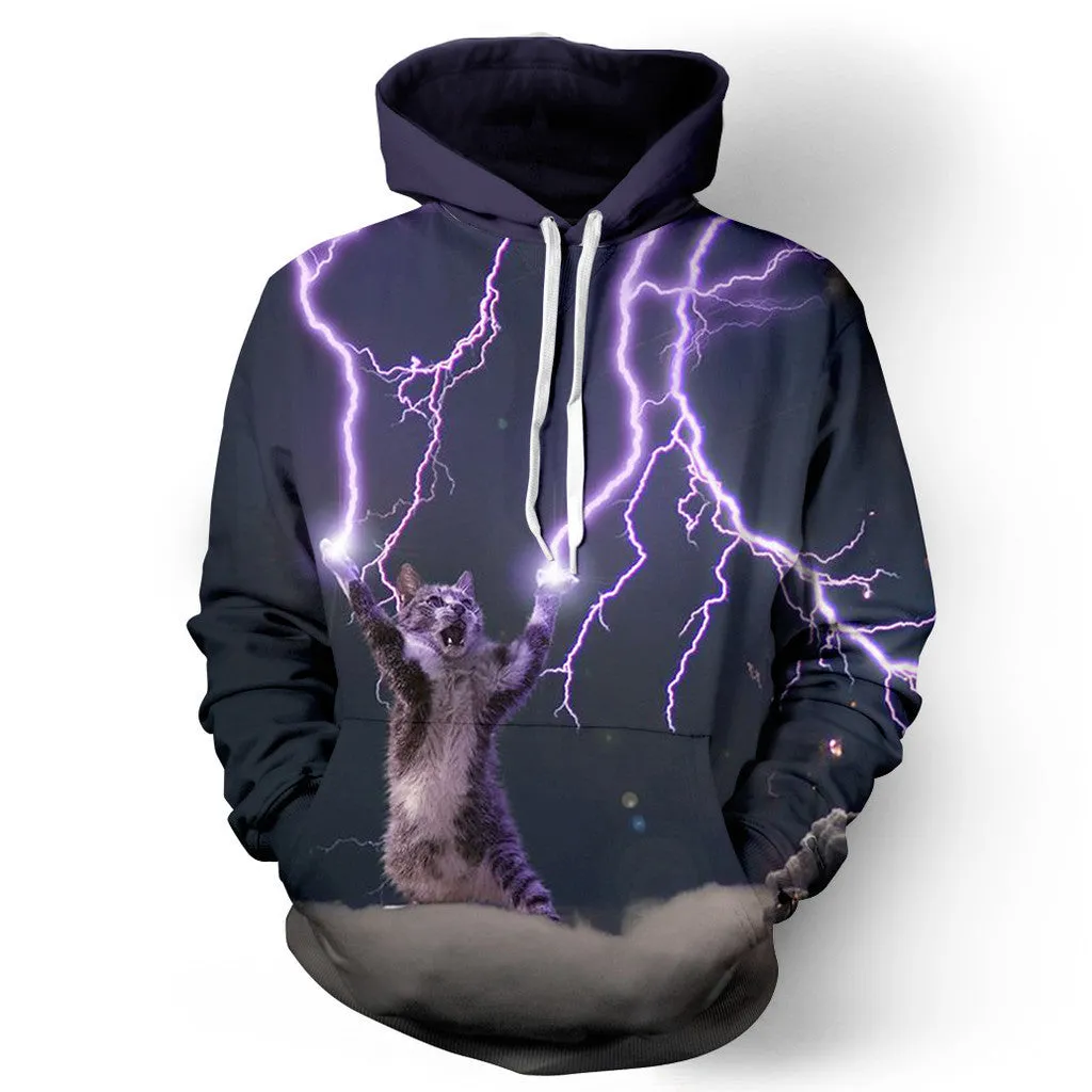Galaxy Cat Print Drawstring Pocket Hoodie