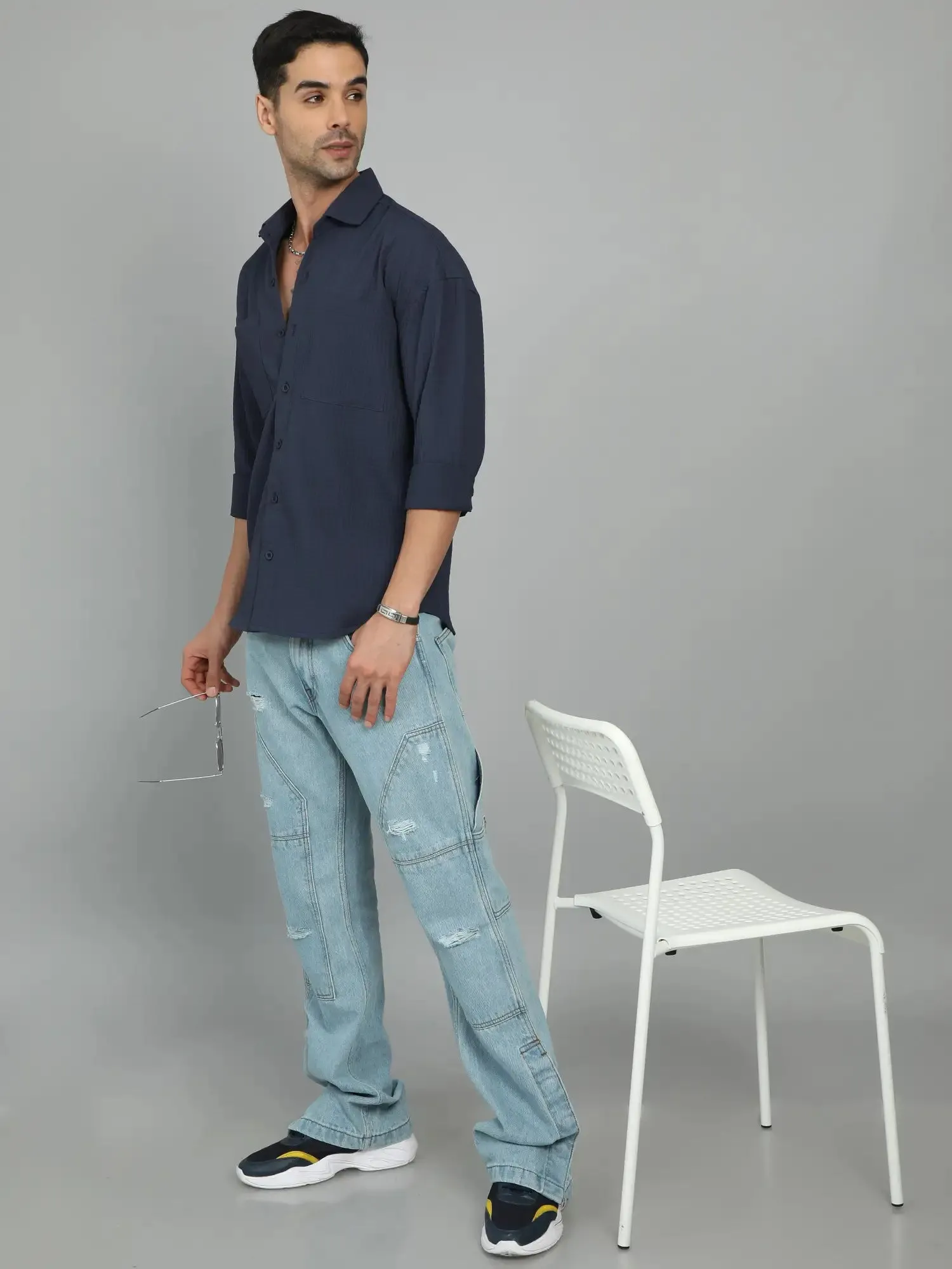 GET GROOVY NAVY-BLUE IMPORTED DROP SHOULDER SHIRT