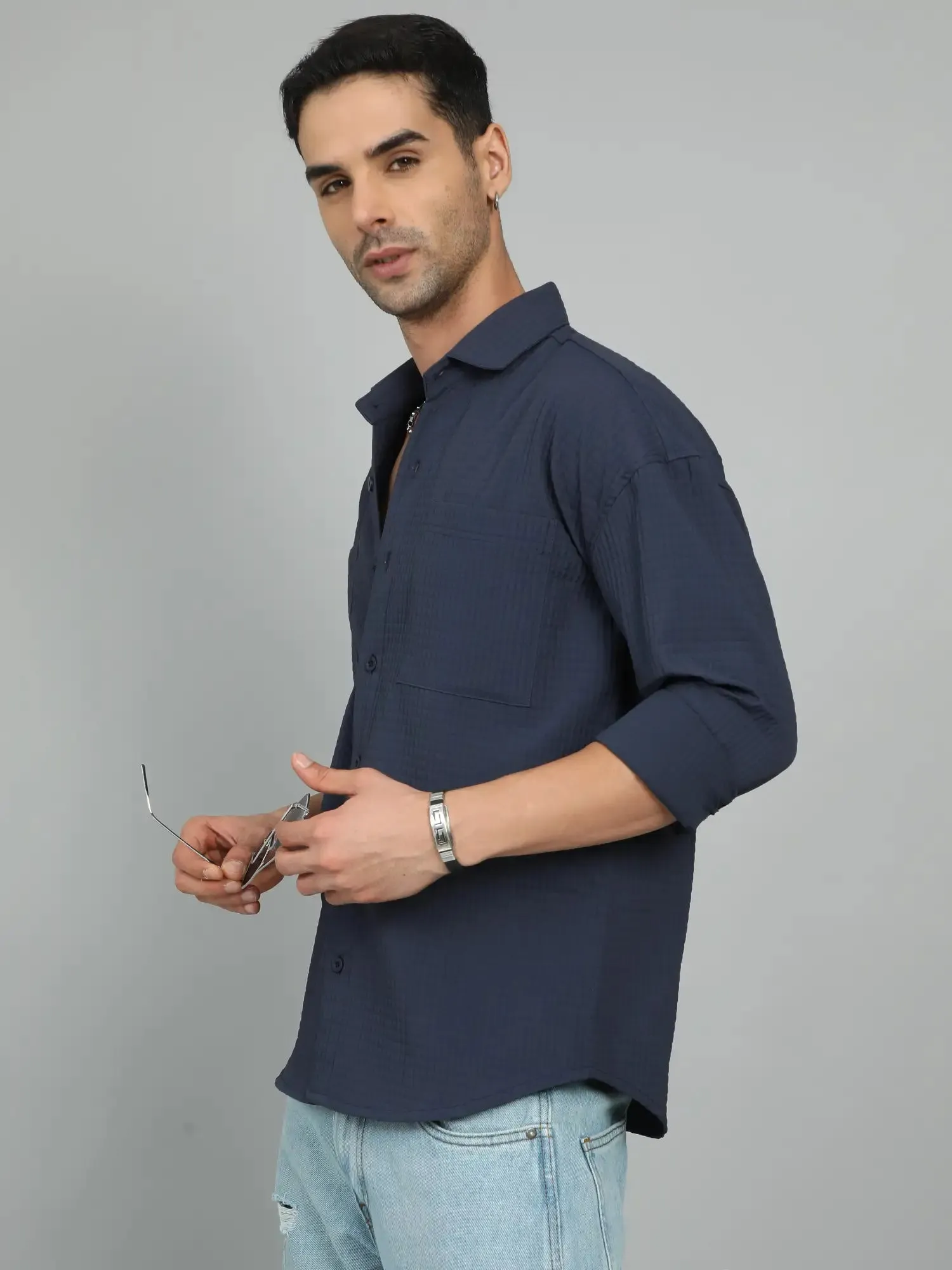 GET GROOVY NAVY-BLUE IMPORTED DROP SHOULDER SHIRT