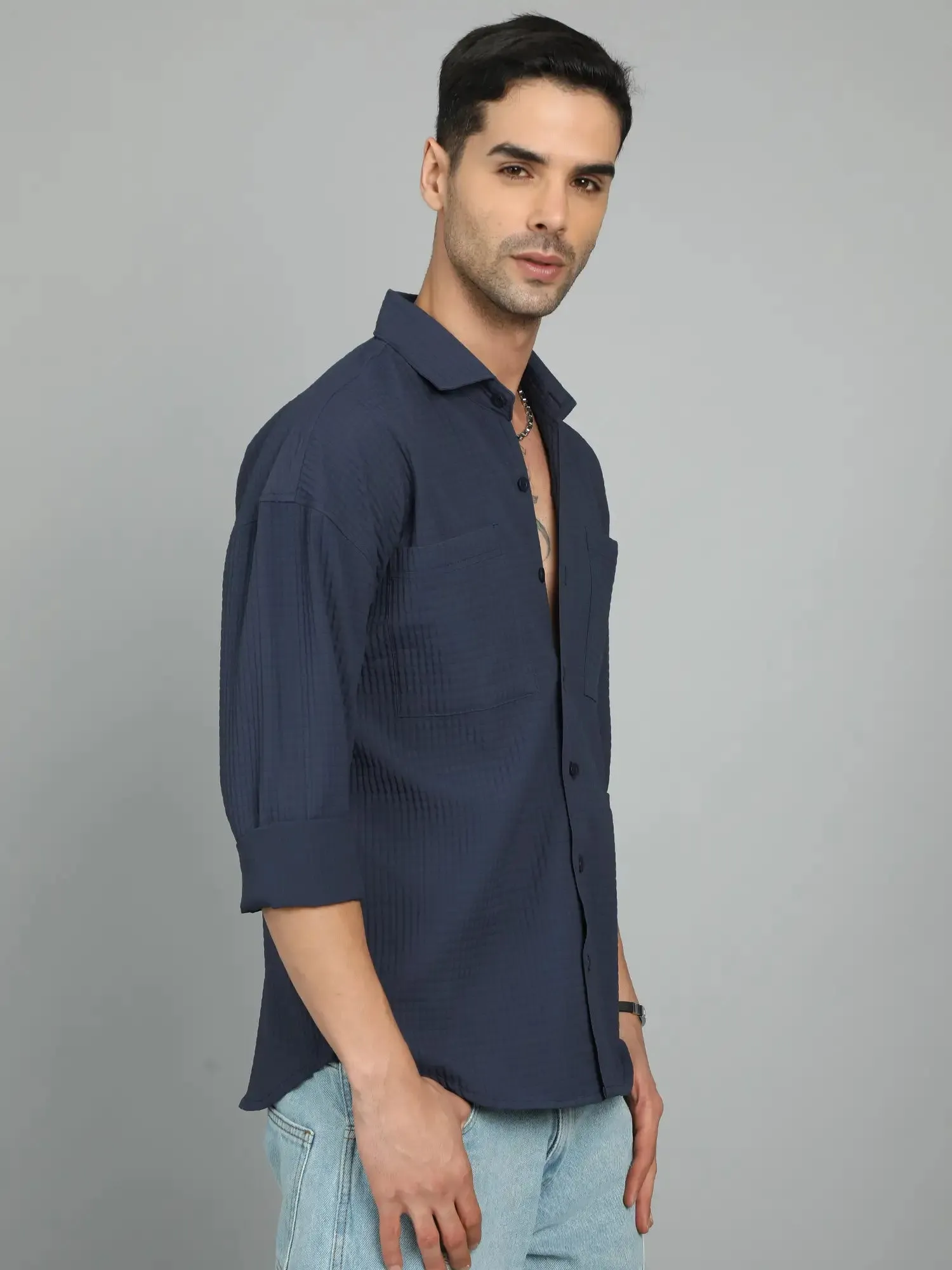 GET GROOVY NAVY-BLUE IMPORTED DROP SHOULDER SHIRT