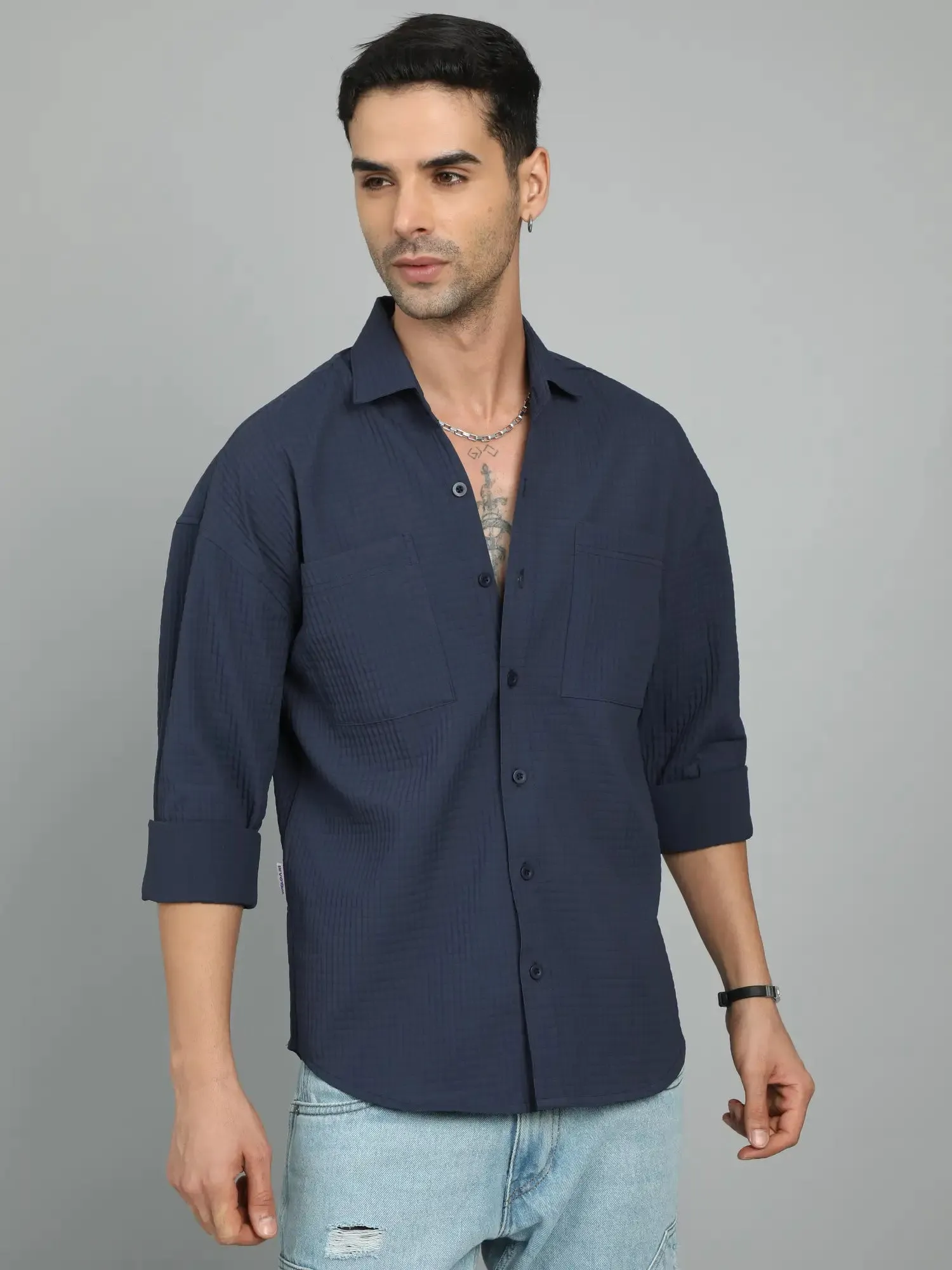 GET GROOVY NAVY-BLUE IMPORTED DROP SHOULDER SHIRT