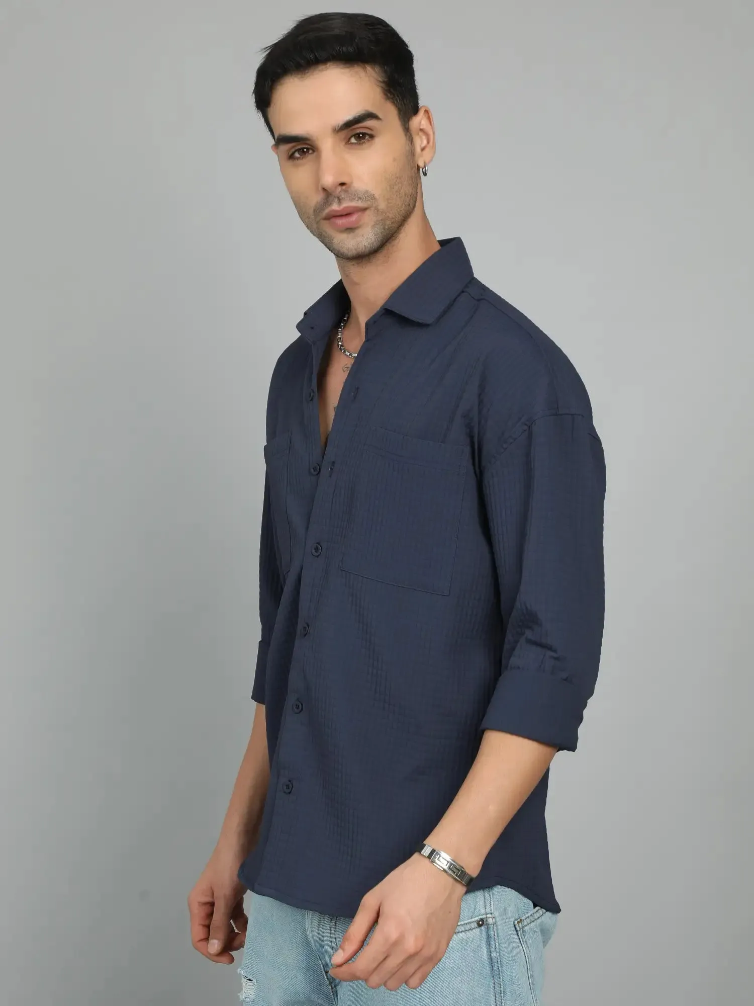 GET GROOVY NAVY-BLUE IMPORTED DROP SHOULDER SHIRT