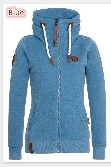 High Neck Zipper Drawstring Pocket Solid Color Slim Hoodie Coat