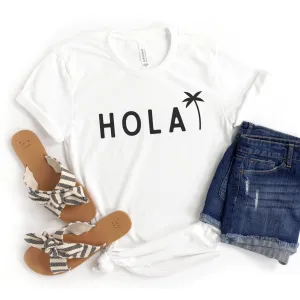 Hola T Shirt with Palm Tree in White