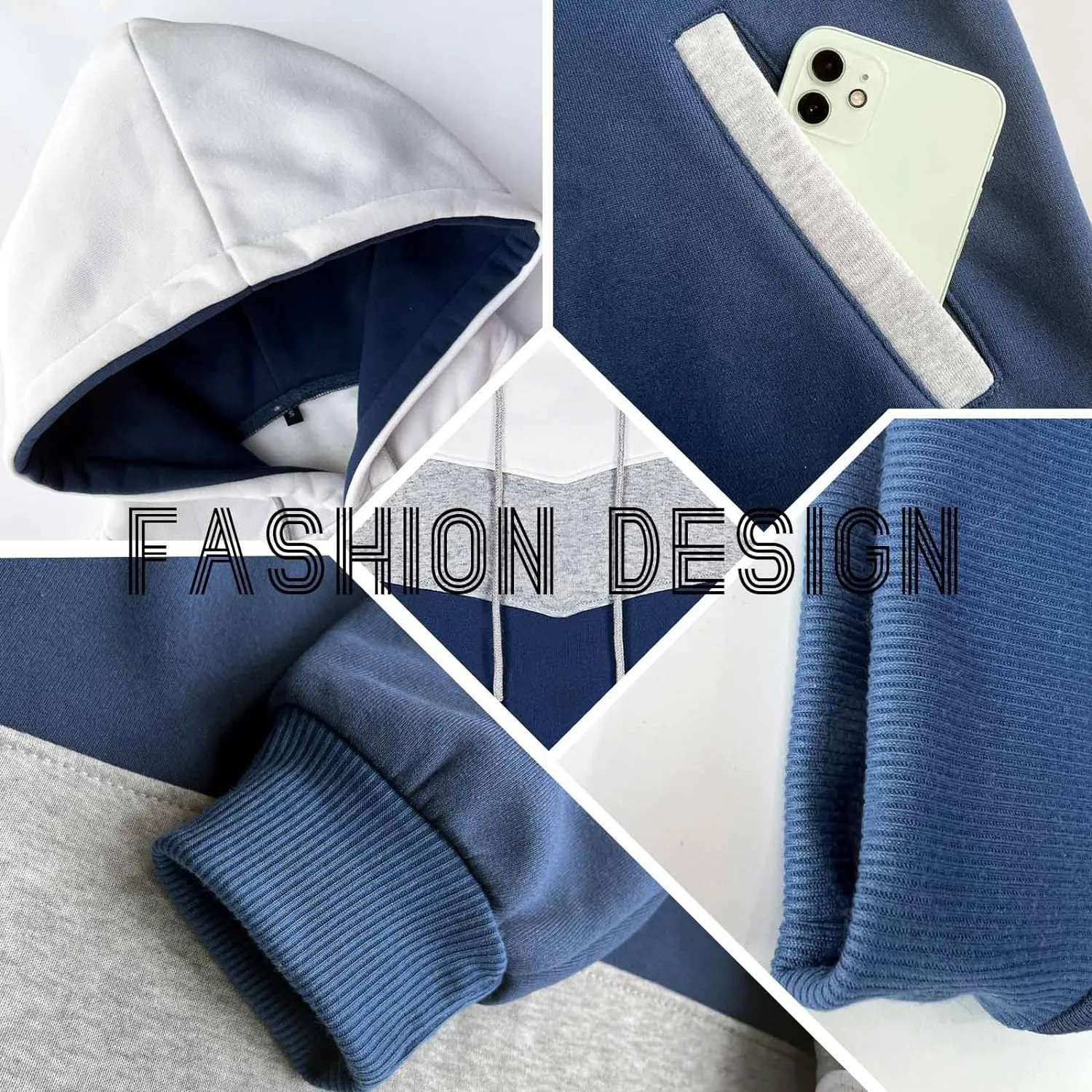 Keasmto Mens Hoodies Pullover Sweatshirt Color Block Fleece Long Sleeve Patchwork Casual Hoodie with Pockets