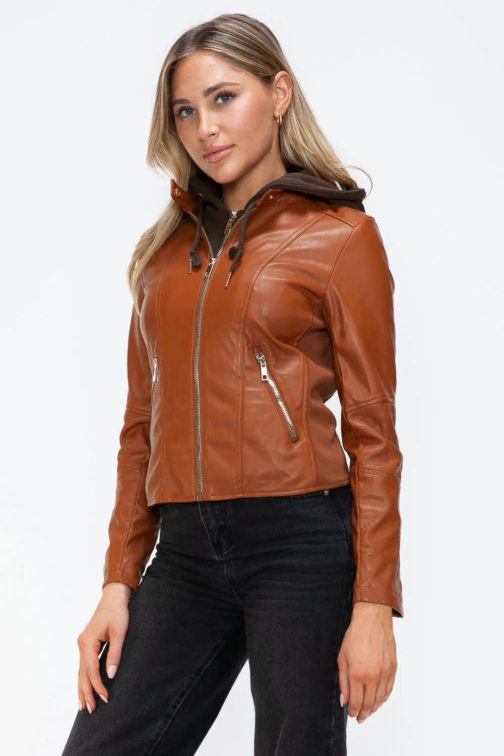 kesleySnobbish Faux Leather Zip Up Drawstring Hooded Jacket