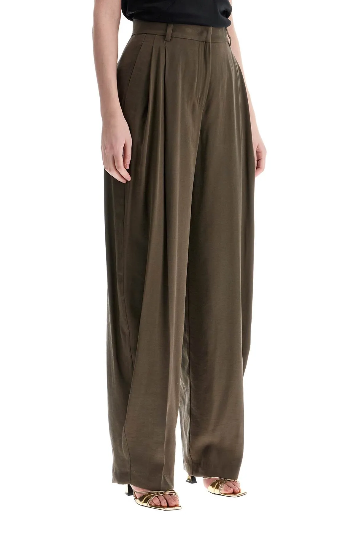khaki wide leg viscose trousers with front pleats T170471E TNV121 KAKI