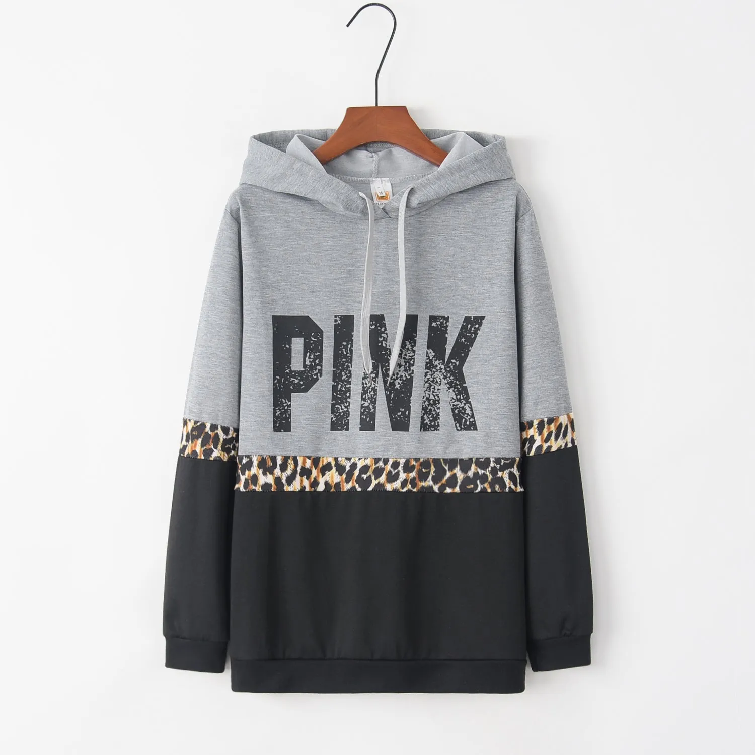 Letter Print Leopard Patchwork Drawstring Loose Hoodie