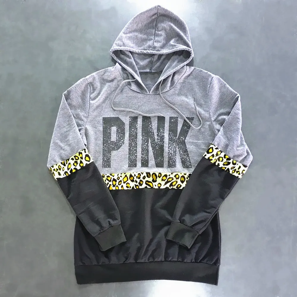 Letter Print Leopard Patchwork Drawstring Loose Hoodie