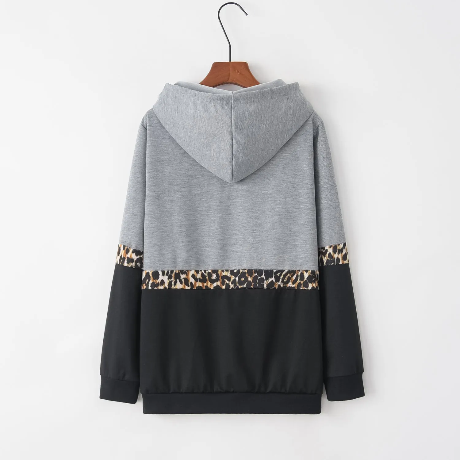 Letter Print Leopard Patchwork Drawstring Loose Hoodie