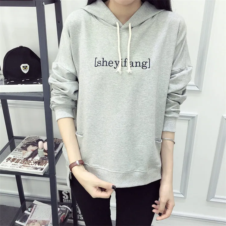 Letter Print Pockets Solid Color Loose Sport Hoodie