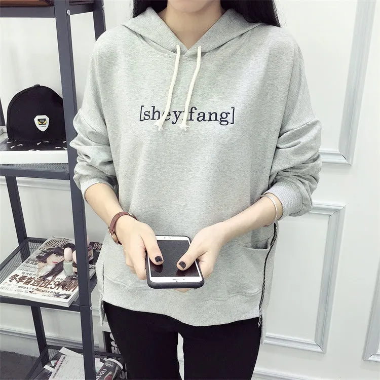 Letter Print Pockets Solid Color Loose Sport Hoodie