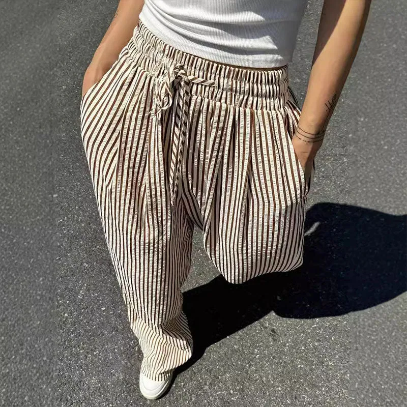 Loose and versatile high-waisted elastic wide-leg pants