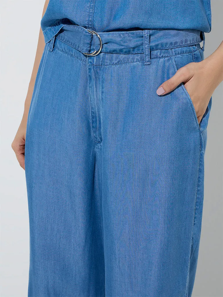LOV Blue High-Rise Linen-Blend Trousers with Belt