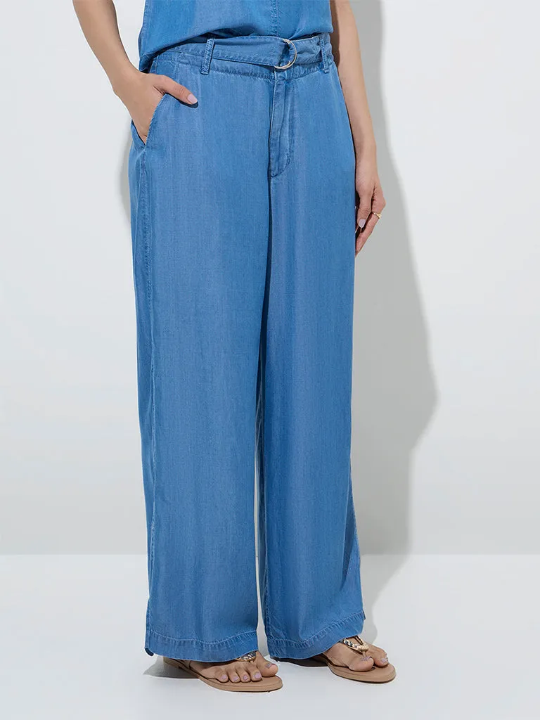 LOV Blue High-Rise Linen-Blend Trousers with Belt