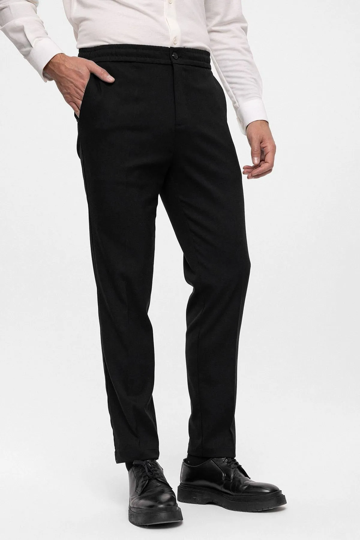Men's Black Regular Fit  Trousers with Elastic Waist - Wessi