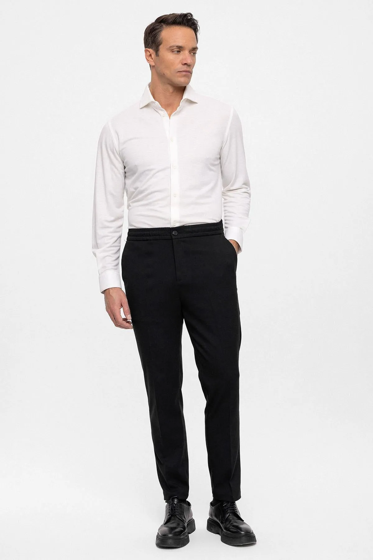 Men's Black Regular Fit  Trousers with Elastic Waist - Wessi