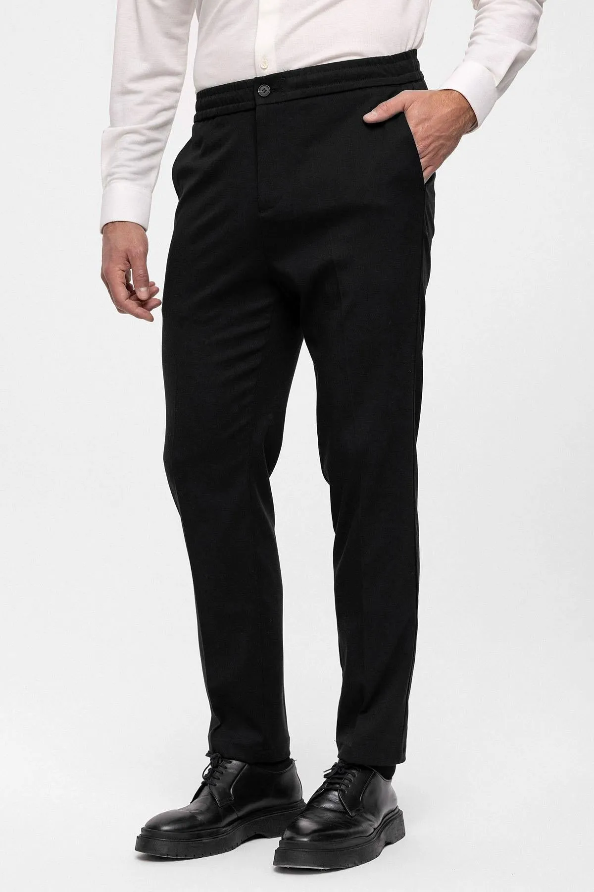 Men's Black Regular Fit  Trousers with Elastic Waist - Wessi