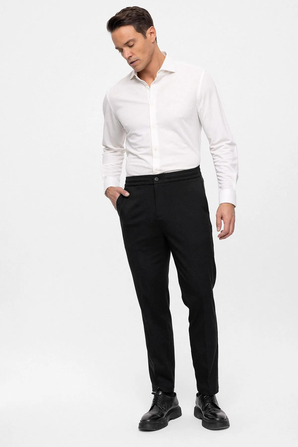 Men's Black Regular Fit  Trousers with Elastic Waist - Wessi