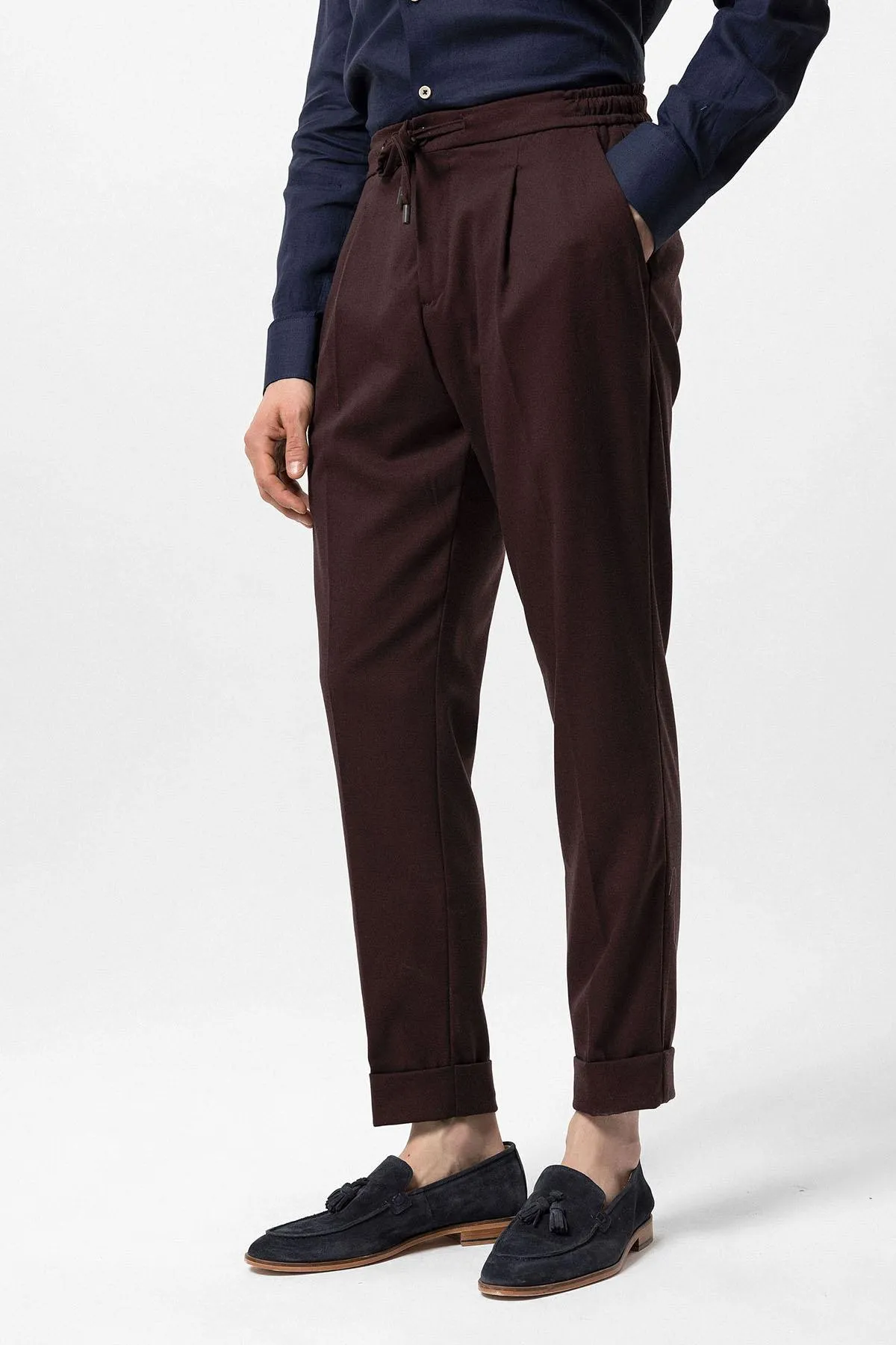 Men's Burgundy Elastic Waist Pleated  Trousers - Wessi