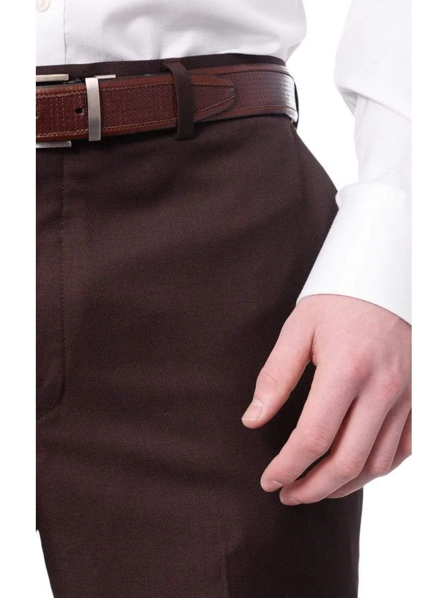 Men's Classic Fit Solid Dark Brown Flat Front Wool Dress Pants