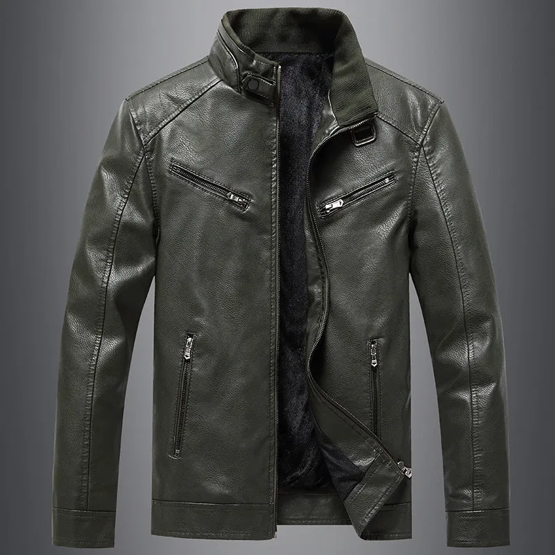 Men's Fleece Padded Coat Casual Korean-style Stand Collar PU Leather Jacket Trendy Youth