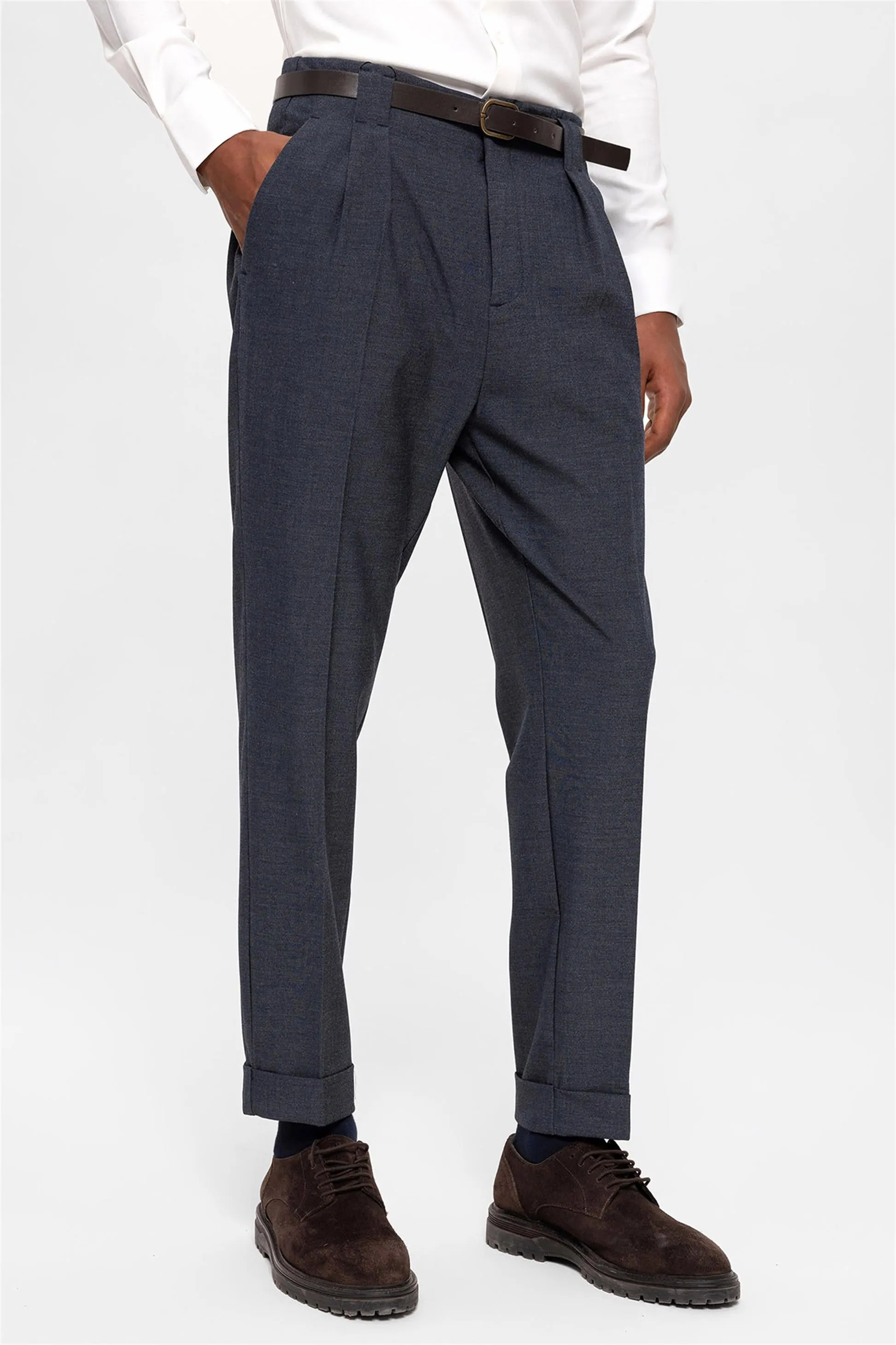 Men's Indigo Belted Double Cuff Pants - Wessi