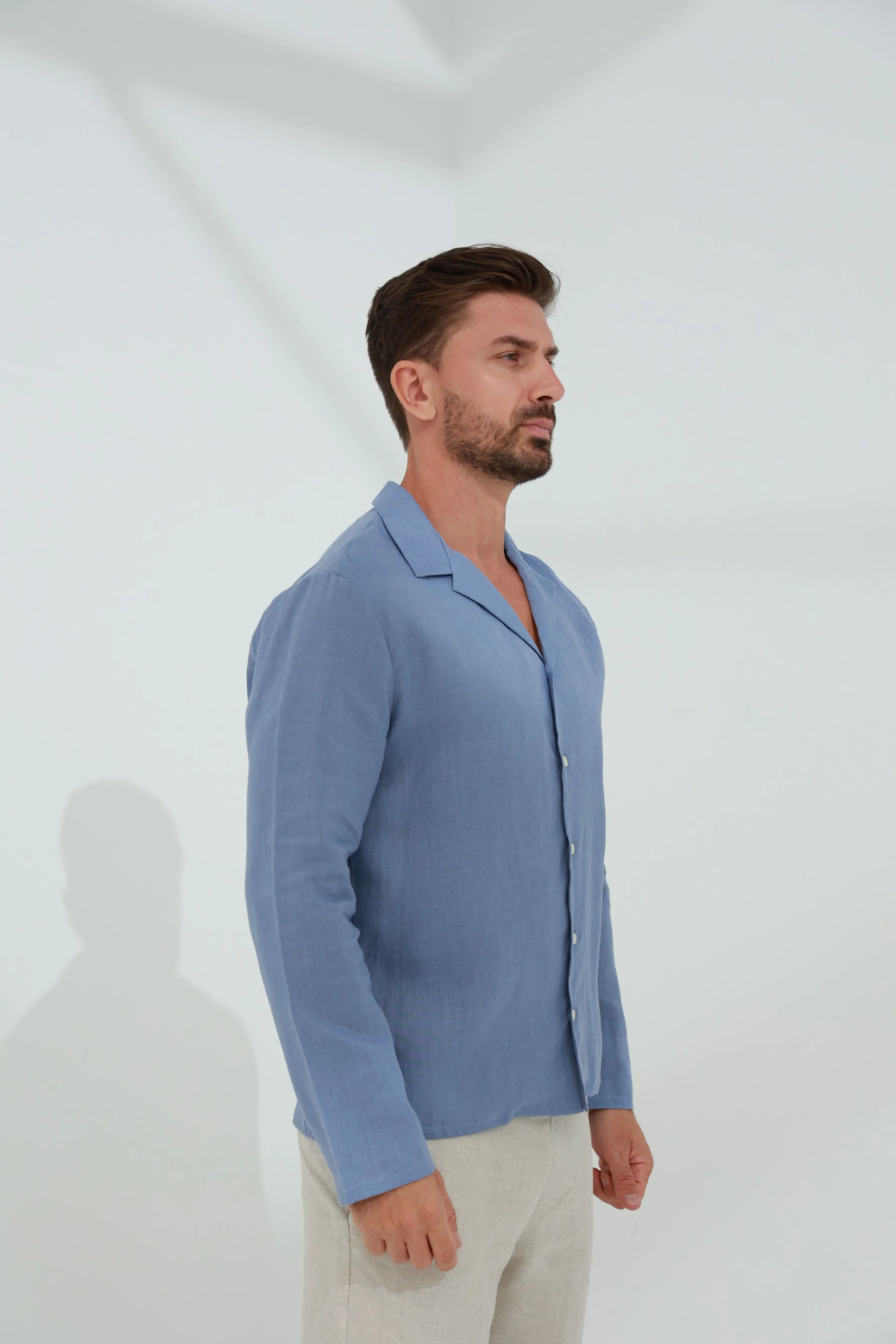 Occhi Men's Pure Linen Shirt Blue