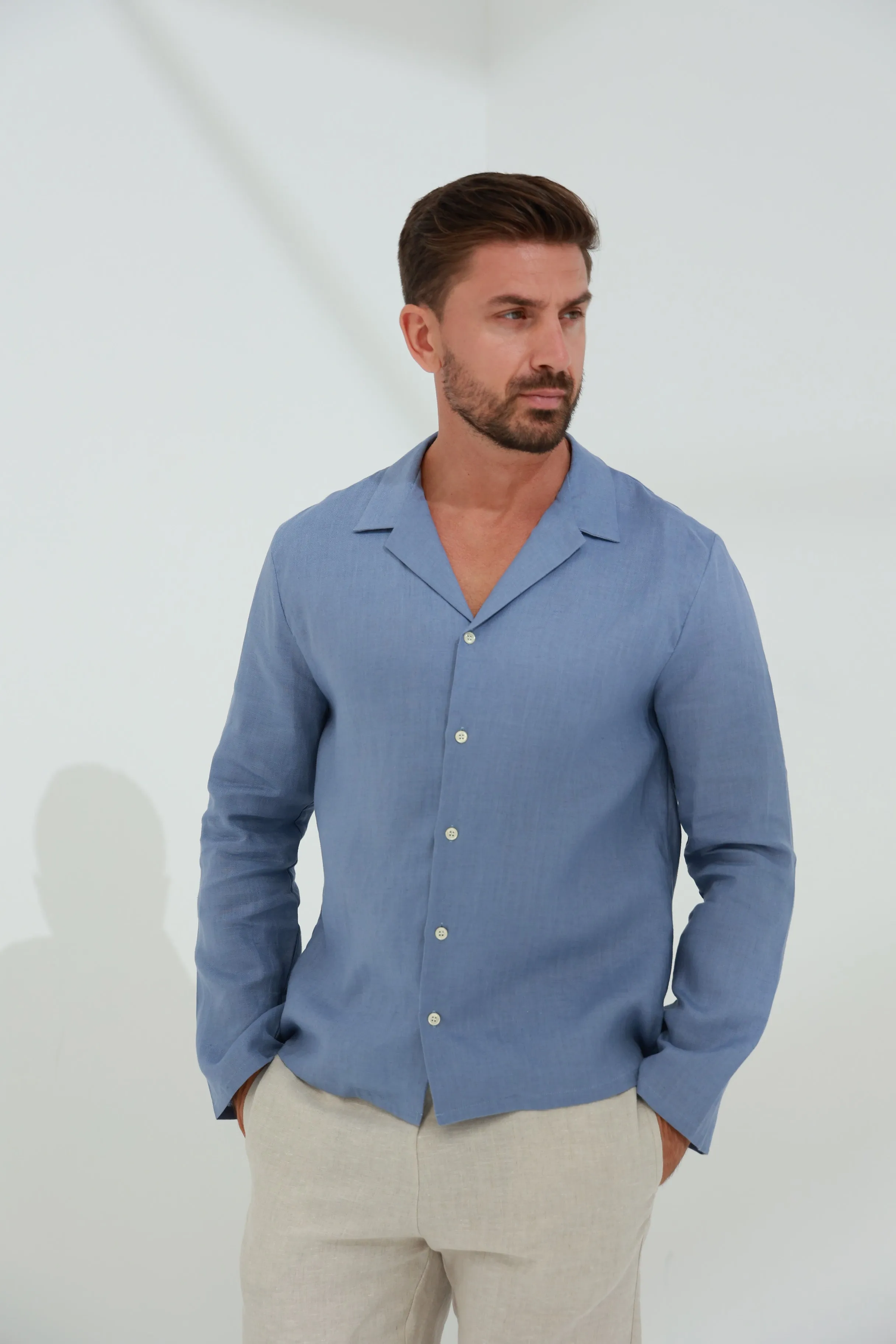 Occhi Men's Pure Linen Shirt Blue