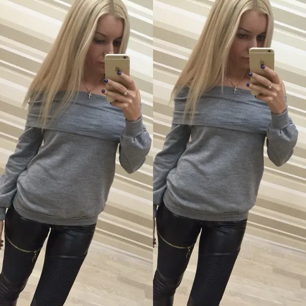 Off Shoulder Pure Color Long Sleeves Loose T-shirt Sweatshirt